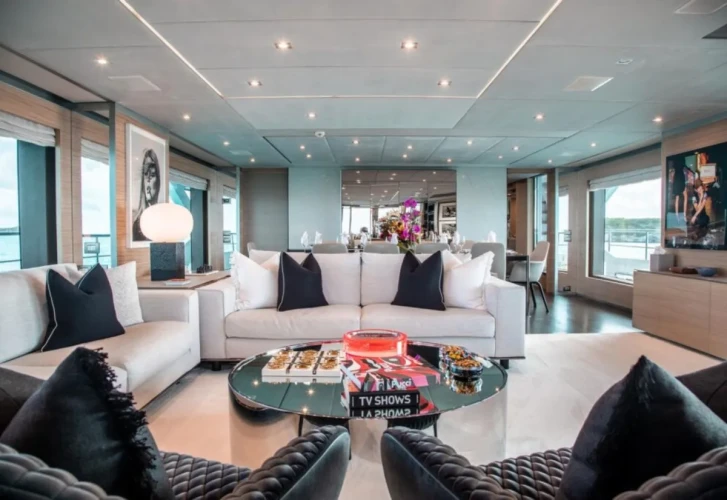 Luxury exterior view of EMINA Benetti yacht anchored in Exuma Bahamas