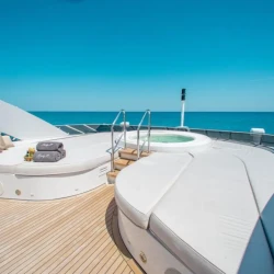 Luxury exterior view of Lady L Heesen yacht anchored in The Bahamas