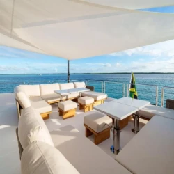 Luxury exterior view of RIO Horizon FD90 yacht anchored in Exuma Bahamas
