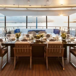 Luxury exterior view of SAMURAI superyacht anchored in Exuma Bahamas